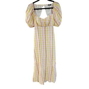 Nasty Gal Yellow Pink Gingham Plaid Puff Sleeve Babydoll Spring Midi Dress 6
